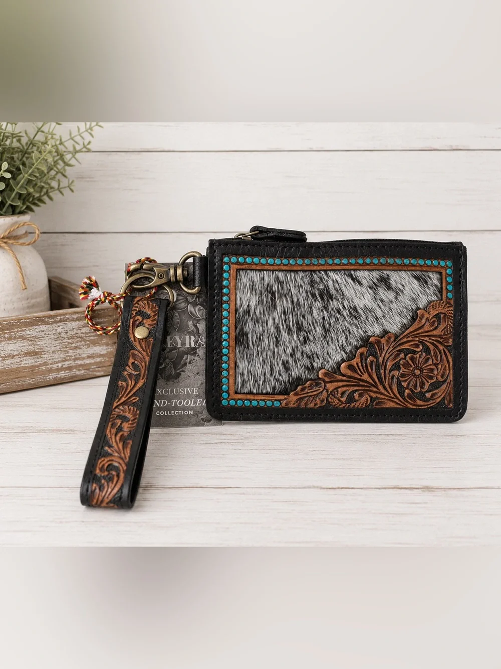 MYRA Apache Twilight Handtooled Hairon Leather Card Holder in Midnight Hide